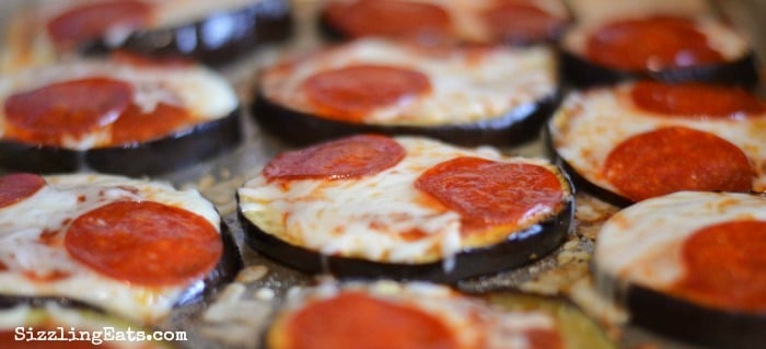 keto eggplant pizzas on baking sheet