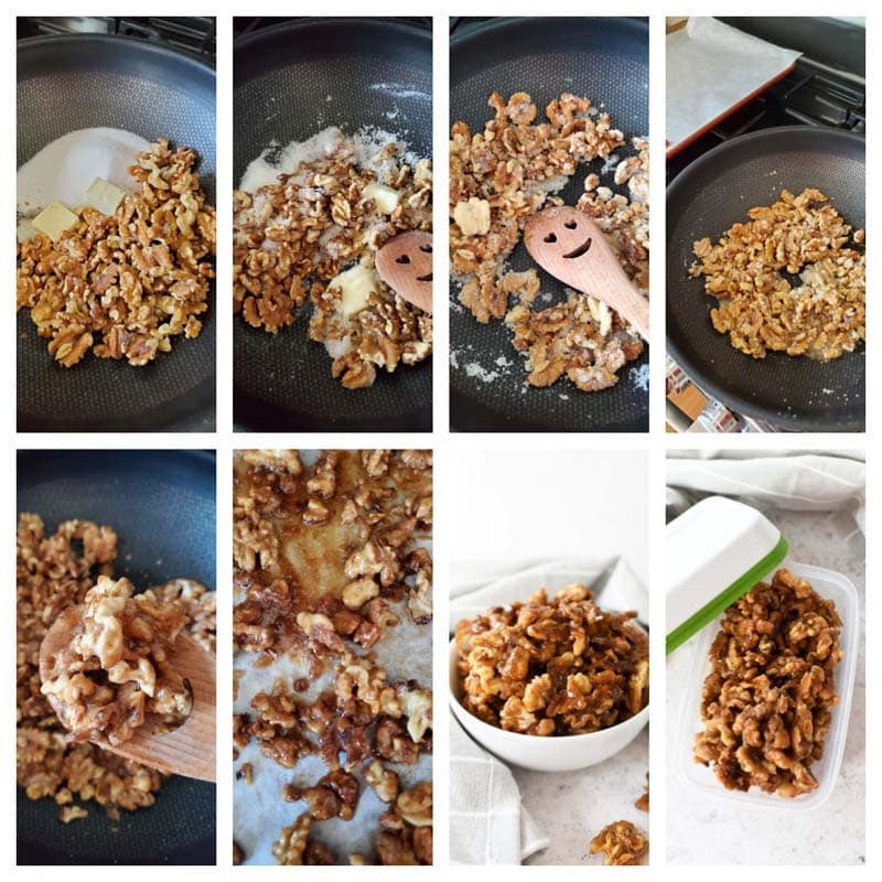 How to Make Candied Walnuts- a collage of 8 images that showcase the process of making these sweet nuts on the stovetop.