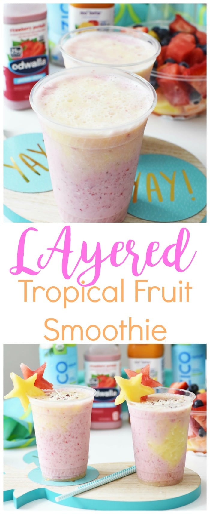 Layered Tropical Fruit Smoothie with Protein. This pink and yellow layered smoothie features a variety of fruits.