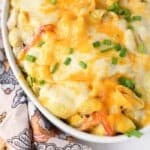 Cheese Crab pasta casserole in an oval dish.