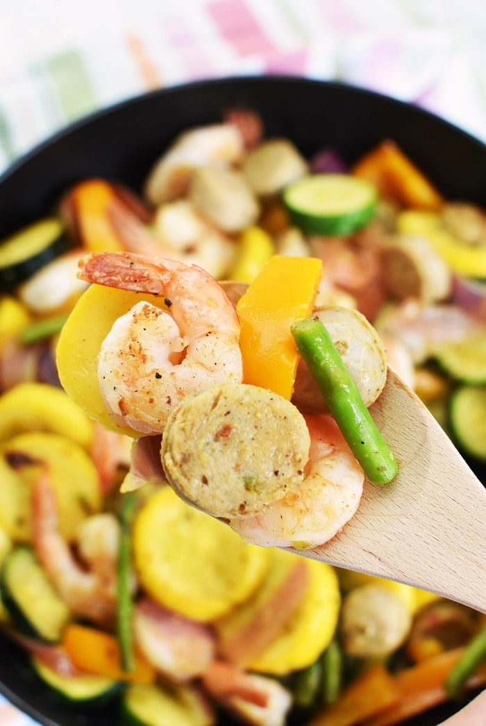 Sausage and Shrimp Skillet in spoon.