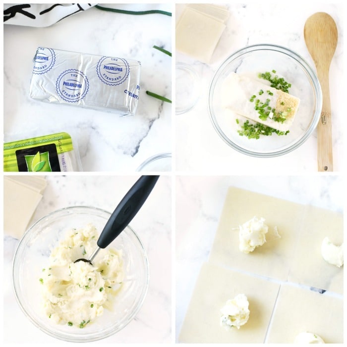 How to make cream cheese wontons. A visual grid of the ingredients on a white table.