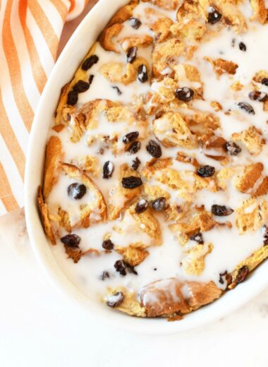 Cinnamon Raisin French Toast Bake in a white oval dish.