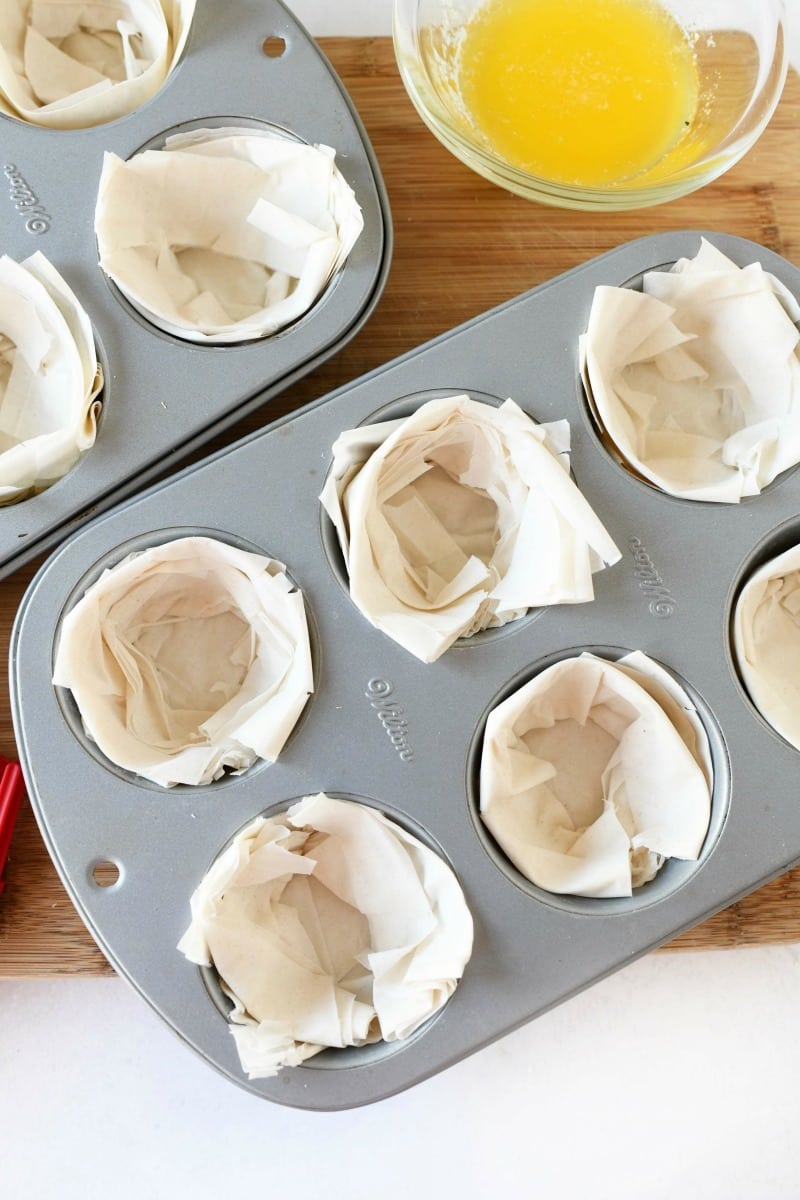 Phyllo dough in a muffin tin.