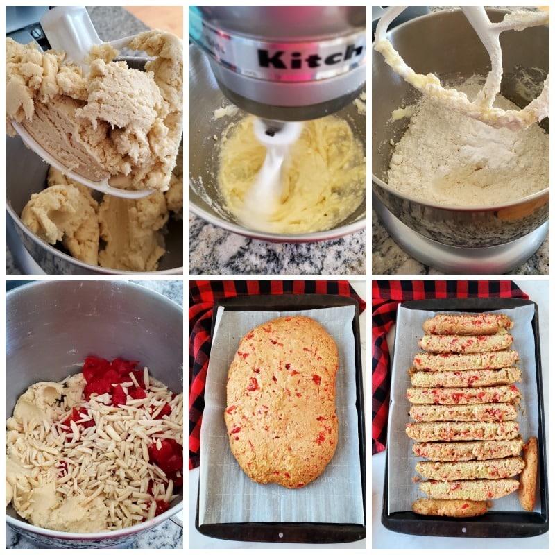 Making Cherry Almond Biscotti a grid of 6 different images that each represent a step in making cherry almond biscotti. 
