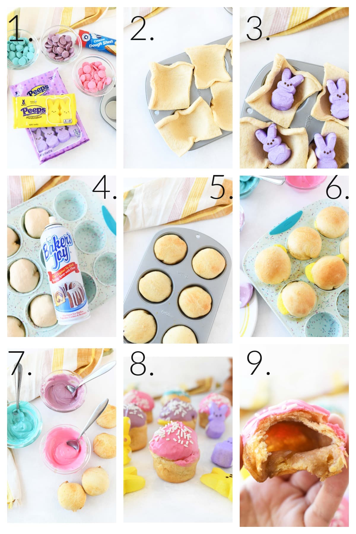 How to Make Peeps Magic Marshmallow Rolls. A colorful, numbered, step by step instructional collage on how to make these magic rolls.  