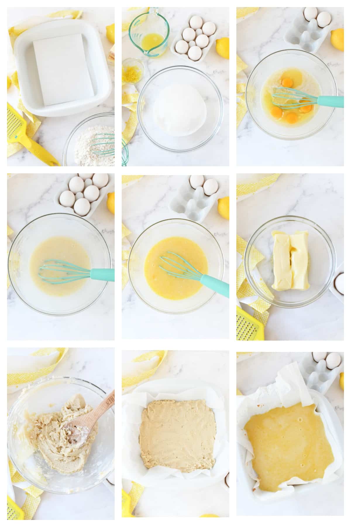 A nine block visual guide showing how to make lemon bars from scratch. 