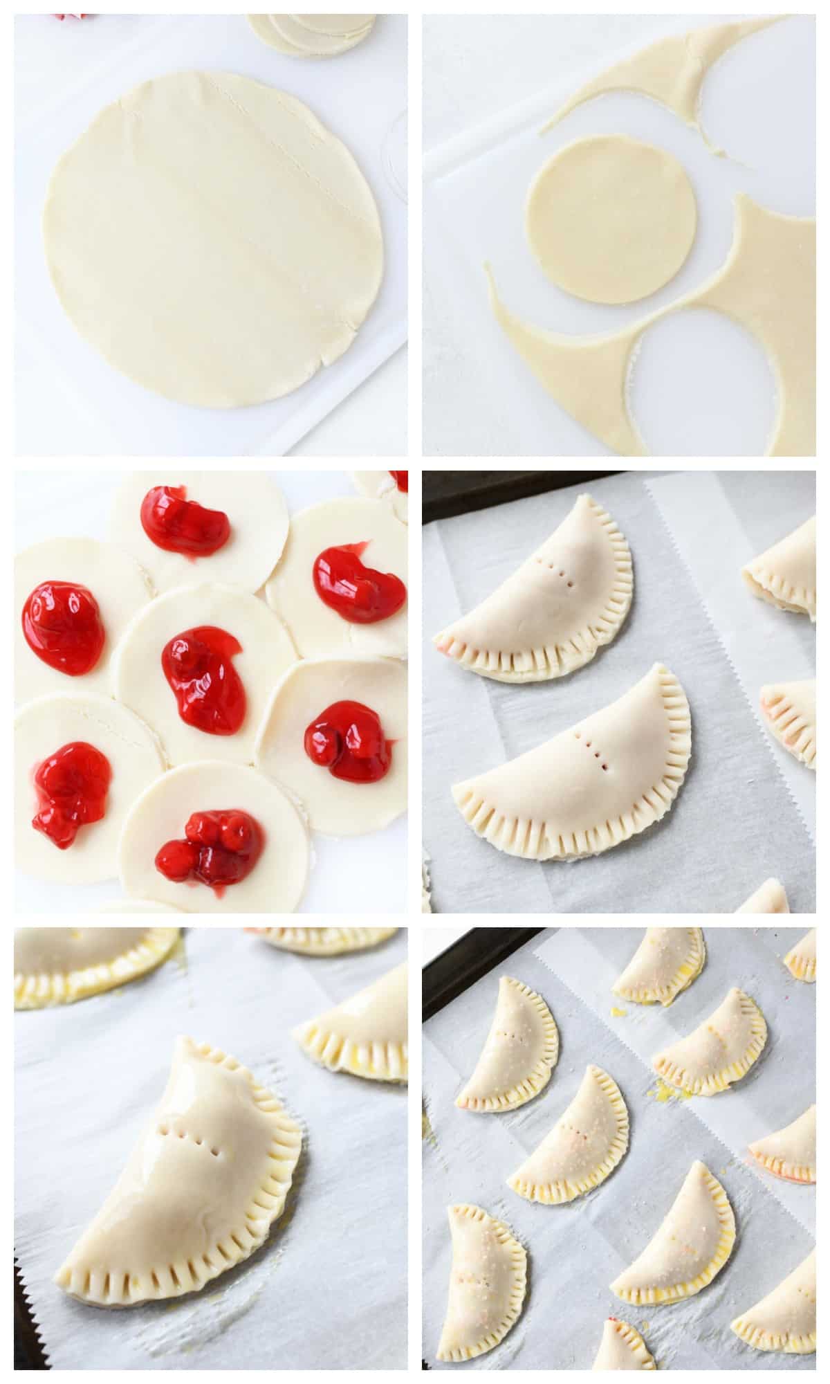 A collage showcasing how to make cherry hand pies.