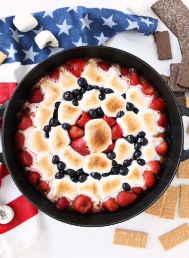 S'mores Berry Skillet Dip with a patriotic napkin.