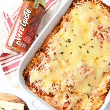 Four Cheese Pasta Bake in a white rectangle baker.