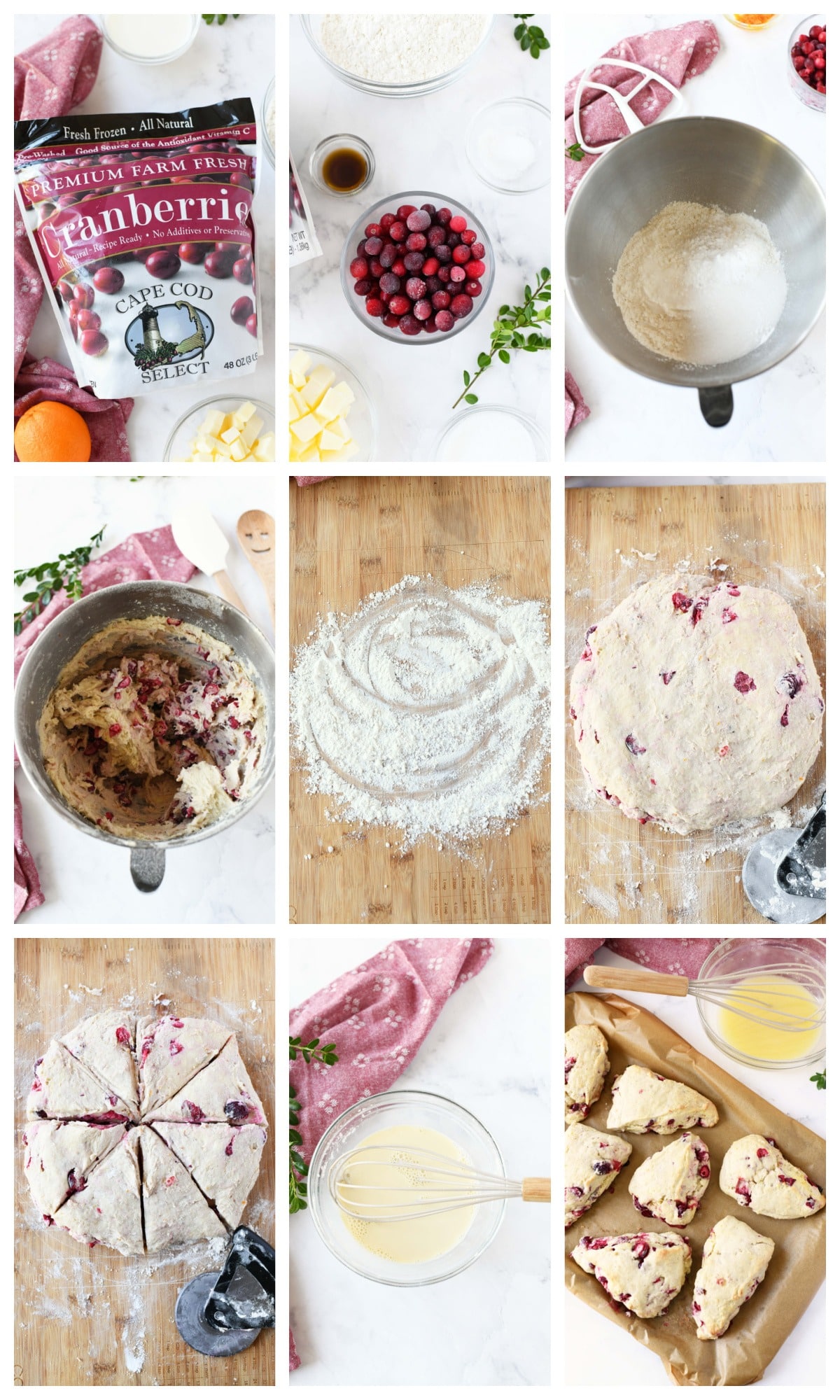 A nine image collage showing how to make cranberry orange scones.