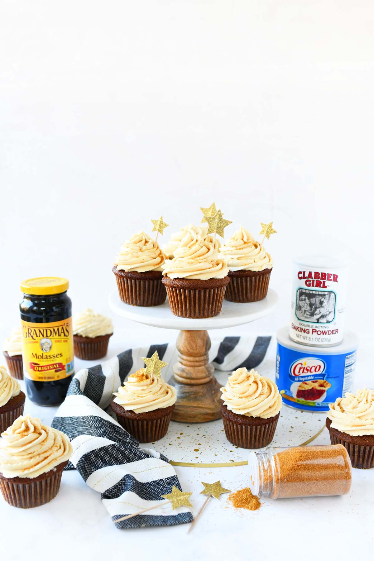 Gingerbread cupcakes with baking ingredients. 
