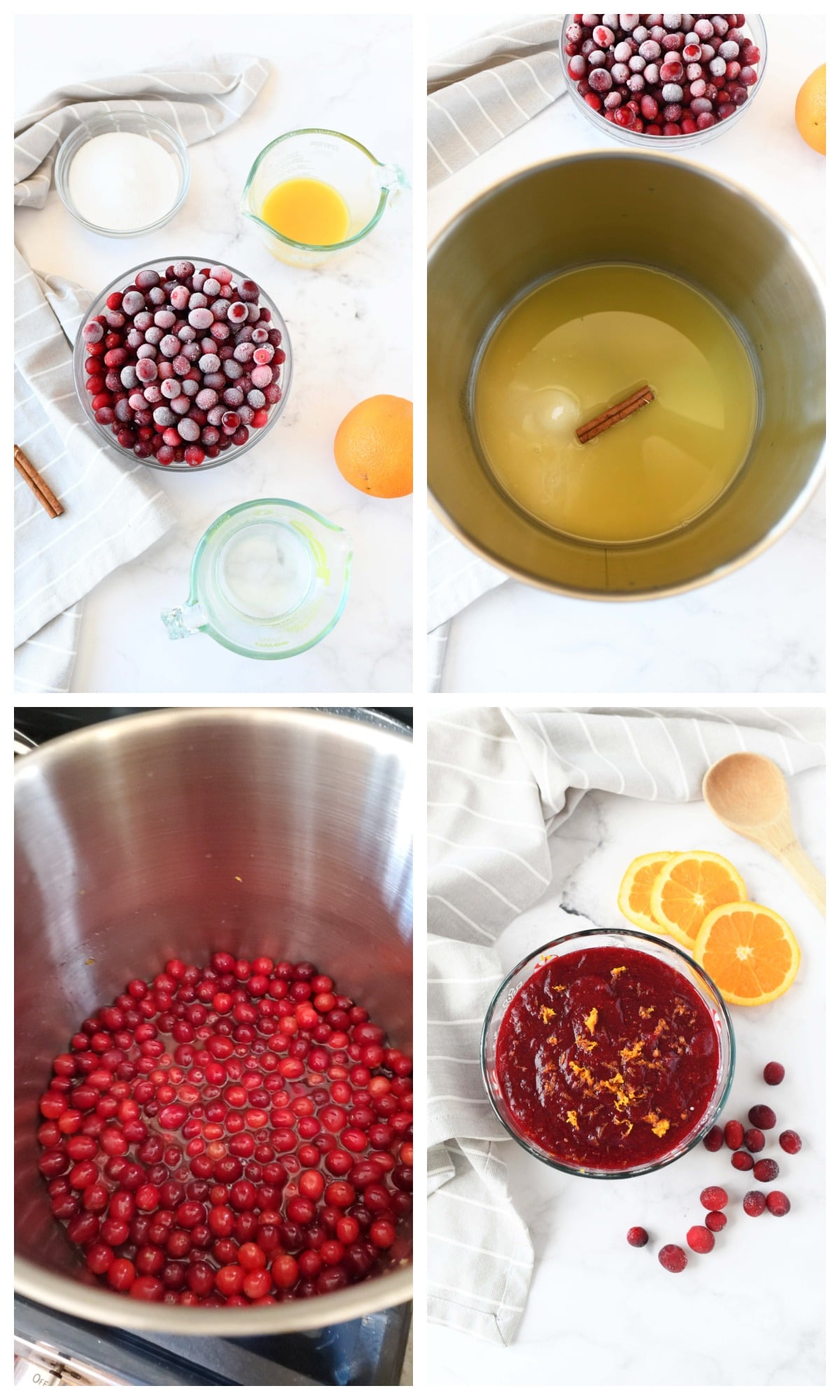 A four image collage showcasing how to make cranberry sauce.