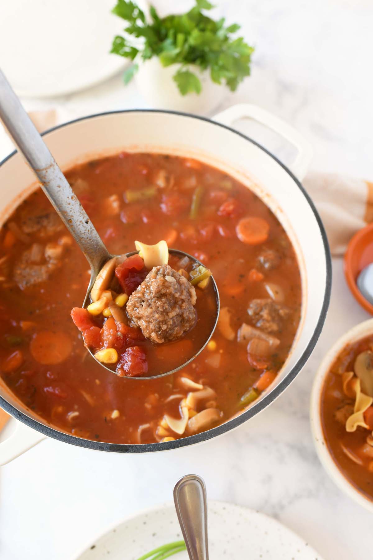 Meatball soup with vegetables on a soup ladle.  