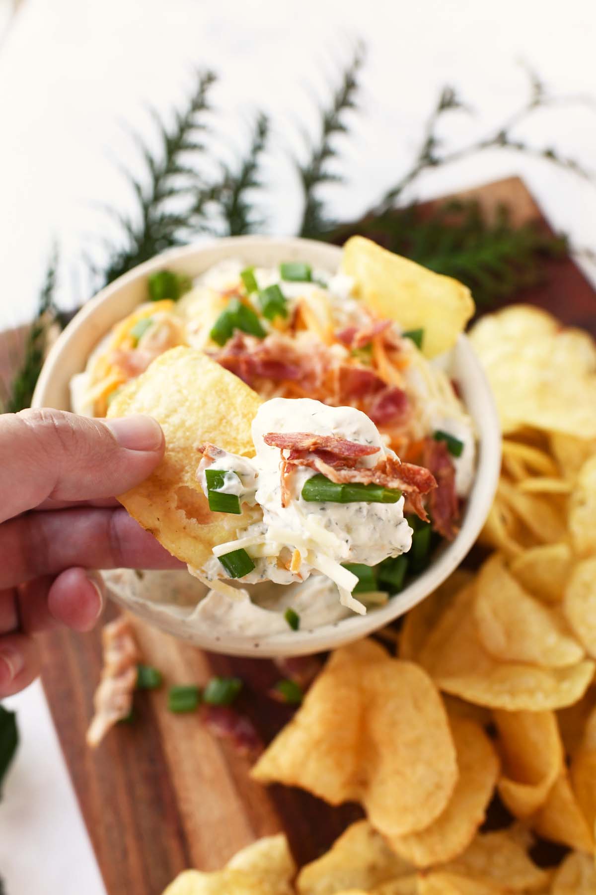 Creamy chip dip with bacon and cheese in a bowl.