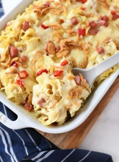 Cheesy ham and swiss casserole in a spoon.