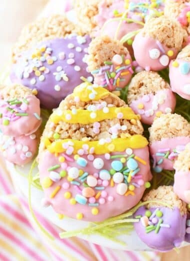 Colorful Easter decorated rice cereal egg treat.