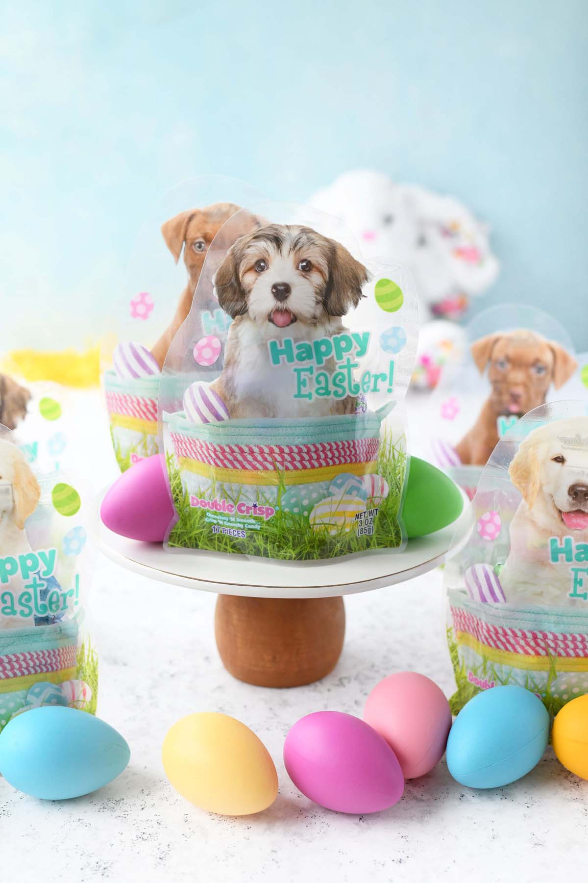 Puppy eggs on a cake stand.