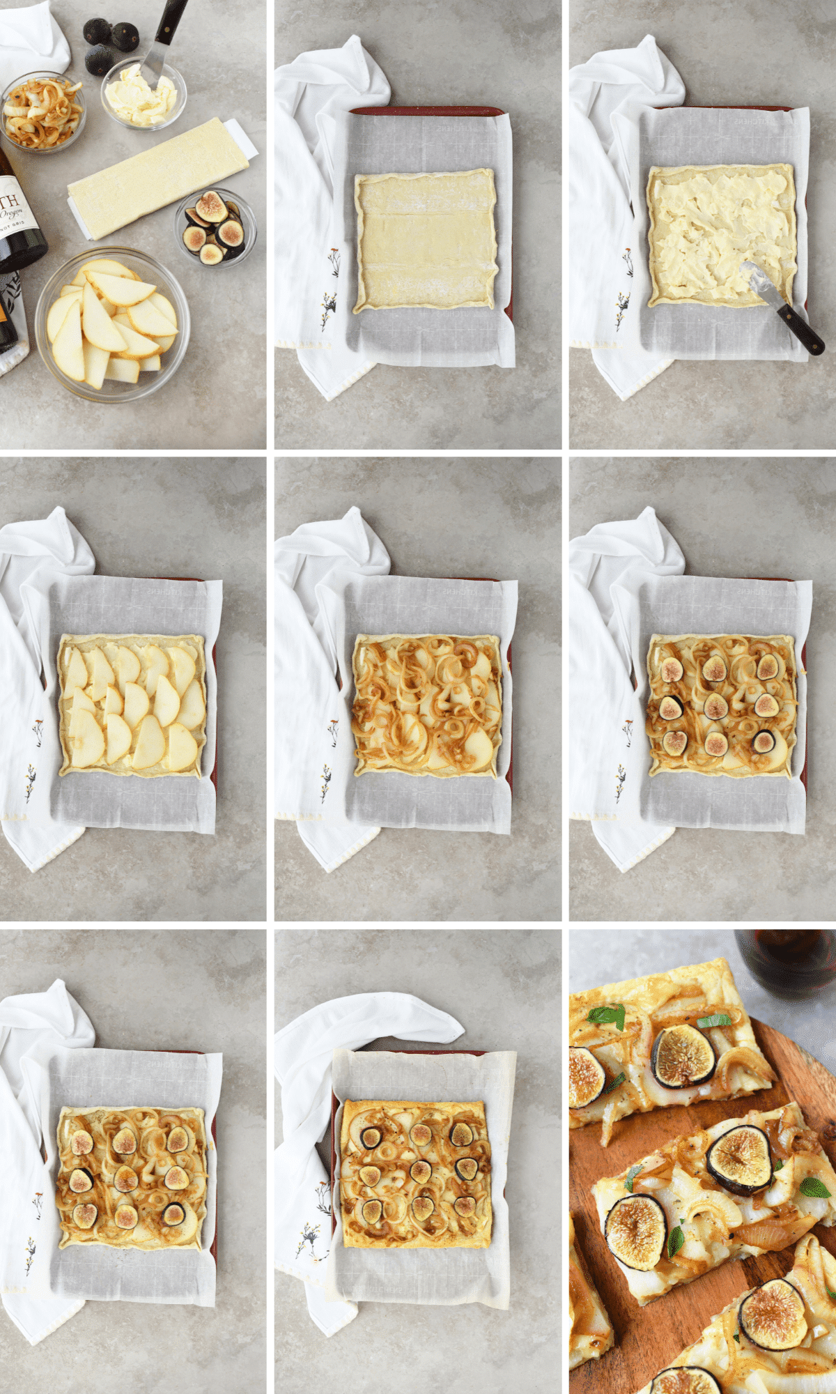 A nine block image of the steps to make a pear puff pastry.