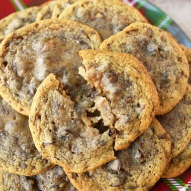A holiday plate of toffee chip cookies.