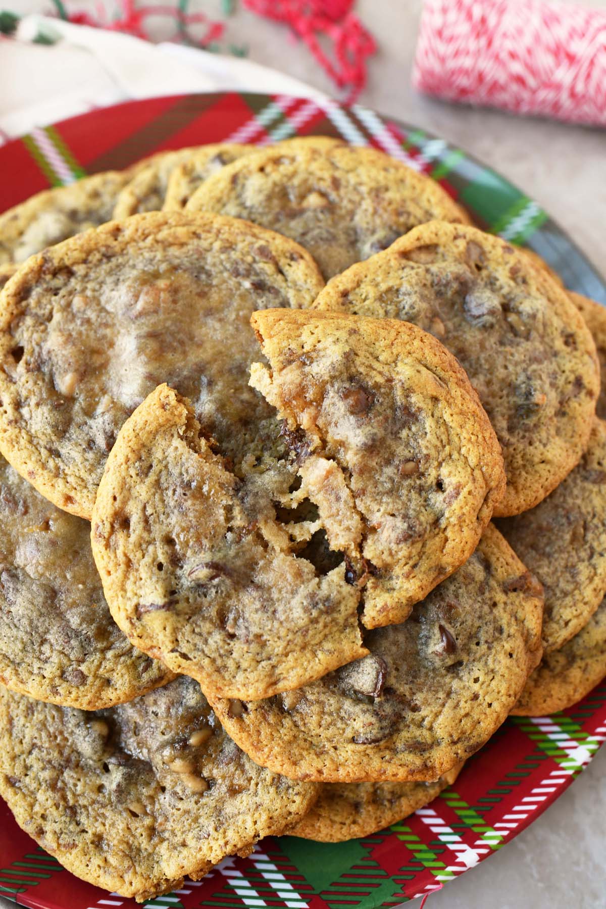 A holiday plate of toffee chip cookies. 