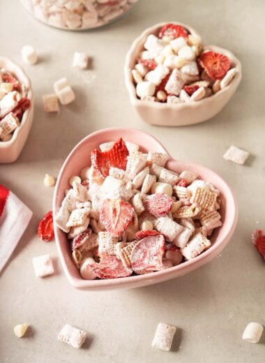 Strawberries and Cream cereal mix in heart-shaped bowls.