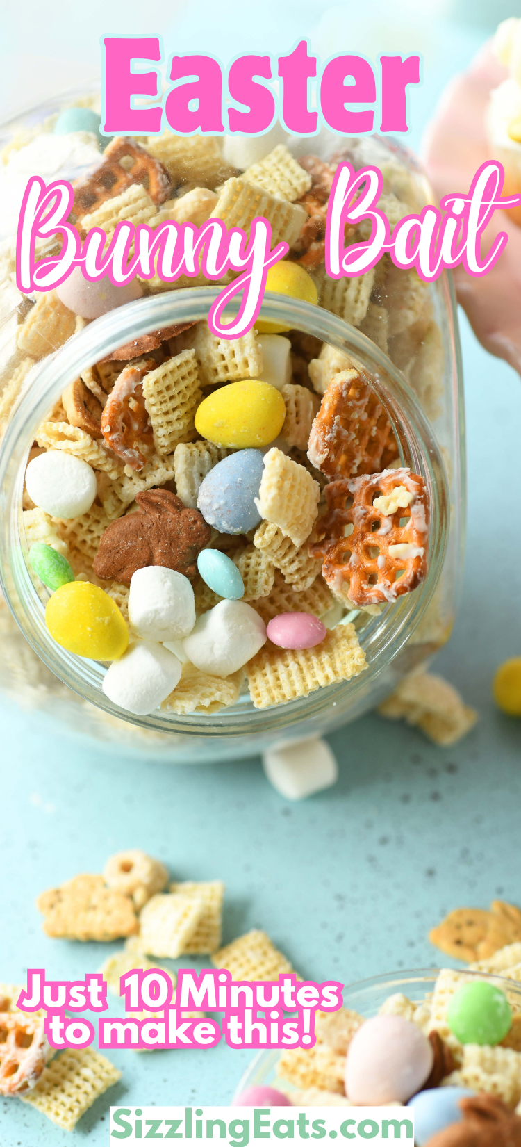 A pinterest image of Easter Bunny Bait in a glass jar. Image contains pink text that reads: Easter Bunny Bait & Just ten minutes to make.